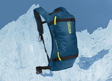Camelbak snow pack floating with snow on the background
