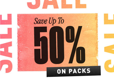 Square tile with "Up to 50% off Packs" text