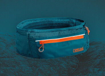teal ultra run belt over a rocky background