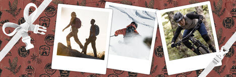 Three polaroid pictures of a biker, hikers, and skier on top of a wrapped present with pack straps as bows.