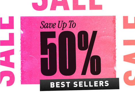 Square tile with "Up to 50% off Best Sellers" text