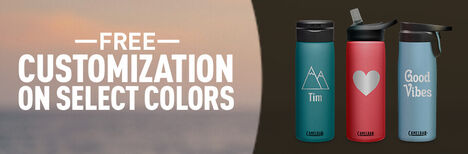 Three customized water bottles on the right with the text "Free Customization on Select colors" displaying on the left.