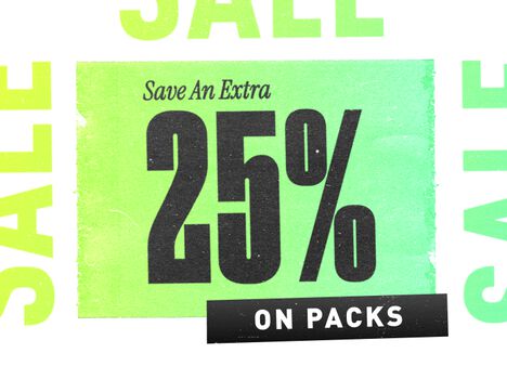 Square tile with "Save an extra 25% off Packs" text