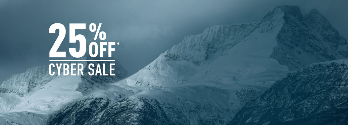 Snowy mountain with light shining on one side with 25% off Cyber Sale text on the left.