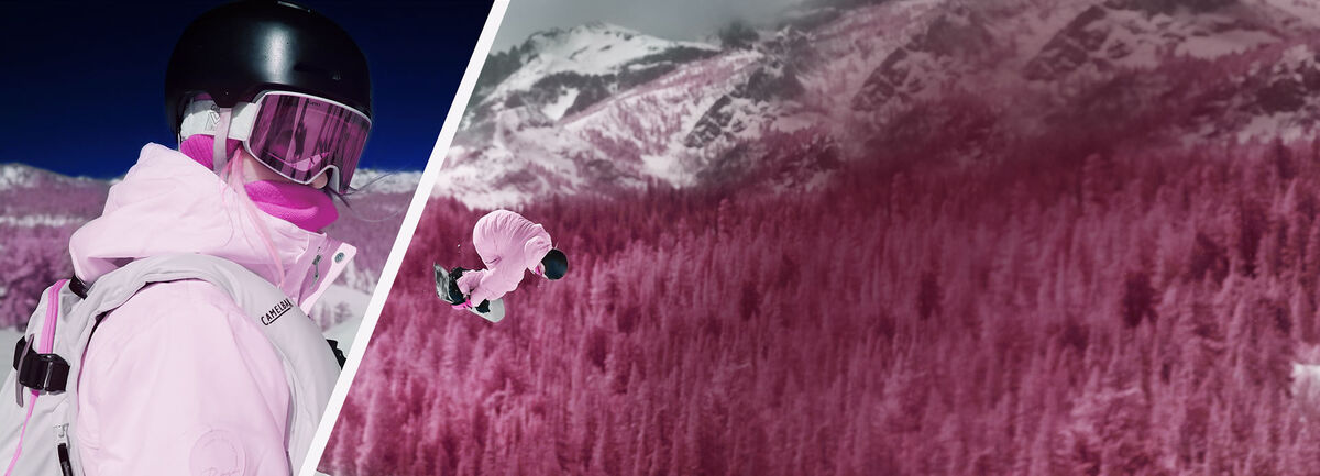Zoe Kalapos doing an indy grab with a pink forest mountain background.