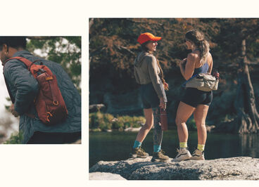 ladies by a lake with camelbak bottles and packs
