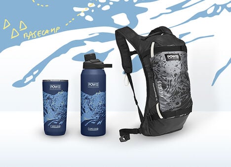 A POW LE Snow Pack, a water bottle, and tumbler sitting in front of a mountain map backdrop.