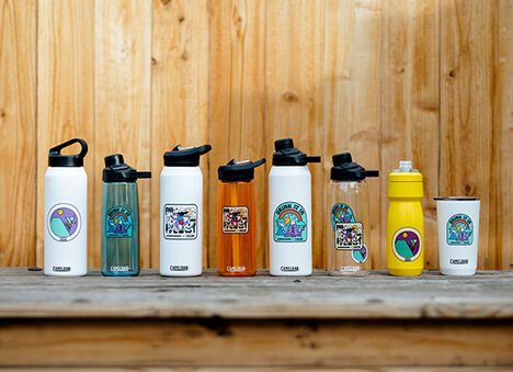 Lineup of 8 custom printed water bottles with limited edition Hannah Eddy Print. Lineup of 8 custom printed water bottles with limited edition Hannah Eddy Print.