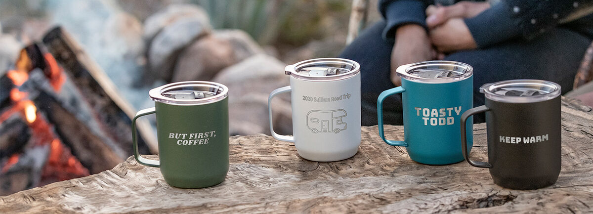 Four custom camp mugs with engraving. Four custom camp mugs with engraving.