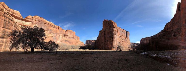 A panoramic view of the landscape at Canyon de Chelly National Monument.