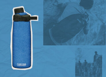 Blue camelback chute mag bottle on blue background with a person wearing a pack