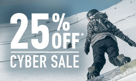 Snowboarder going down a mountain with 25% Off Cyber Sale to the left.