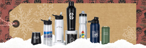 Customized bottles and drinkware sitting on top of a shelf in a coffee shop