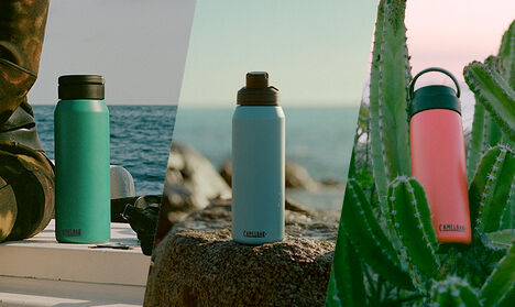 Three Baja color-inspired bottles sitting in three different environments