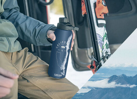 Custom "California" engraved bottle held by skier Custom "California" engraved bottle held by skier