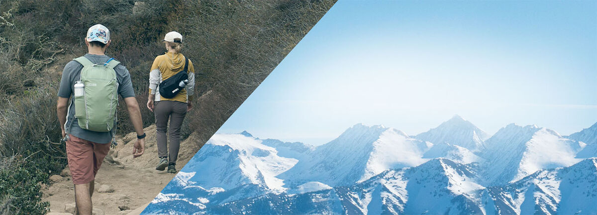 Two hikers walking with CamelBak packs. Two hikers walking with CamelBak packs.