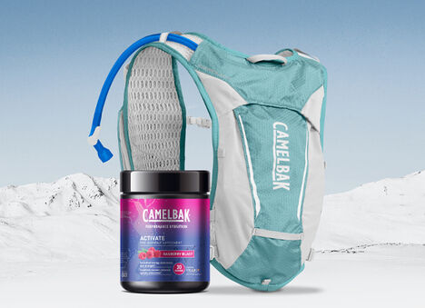 Snowy Mountain Background with Hydration Pack and Hydration Supplements