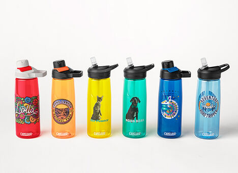 Six custom water bottles in multiple colors. Six custom water bottles in multiple colors.