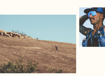 runner on a dry hill and a close up of the runner in glasses