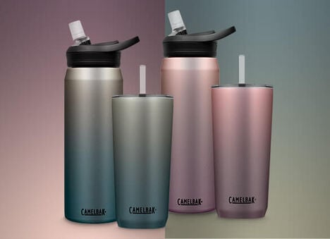 Four Matte Metallic Fade bottles in both available colors standing with contrasted background colors.