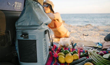 Woman reaching in to her ChillBak™ Soft Cooler with fruit and veggies beside it.