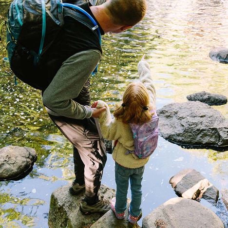 Little girl and her father looking pointing out at a stream while on their hike.