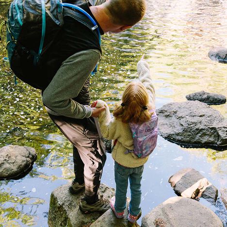 Little girl and her father looking pointing out at a stream while on their hike. Little girl and her father looking pointing out at a stream while on their hike.