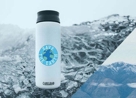 White Custom Bottle with "Save the Earth" Logo with a Mountain Background