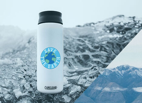 White Custom Bottle with "Save the Earth" Logo with a Mountain Background White Custom Bottle with "Save the Earth" Logo with a Mountain Background