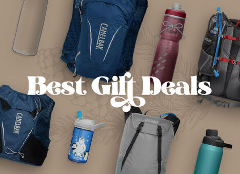 Miscellaneous packs and water bottles on top of a tan background with the text "Best Gift Deals" on top.