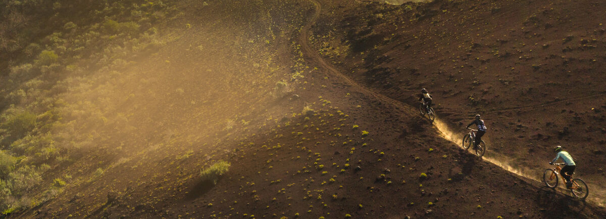 Overhead view of mountains bikers.