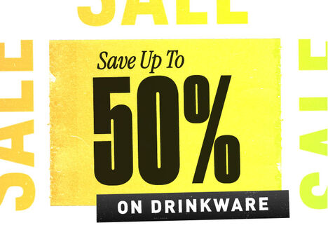 Square tile with "Save Up to 50% off Drinkware" text