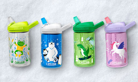 Four limited edition kids Eddy+ 14oz water bottles in a row with a white background