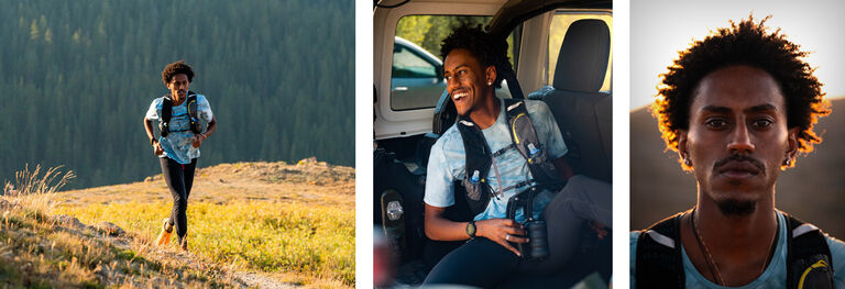 Three images or author in a CamelBak run vest. 