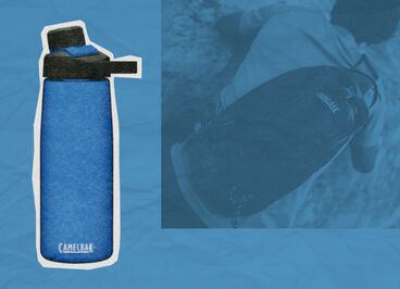 Blue camelback chute mag bottle on blue background with a person wearing a pack