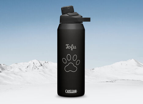 Black Customized Bottle With Paw Print with Snowy Mountain Background