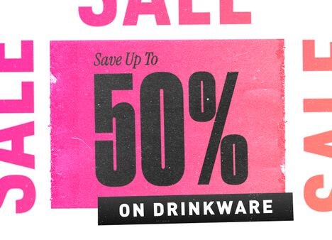 Square tile with "Up to 50% off Drinkware" text