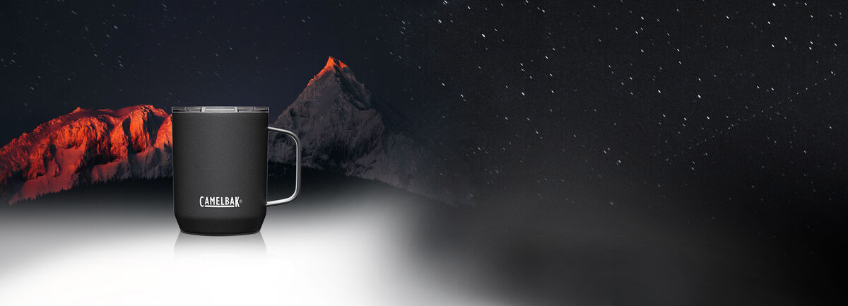 Black Camp Mug with a nighttime mountain background