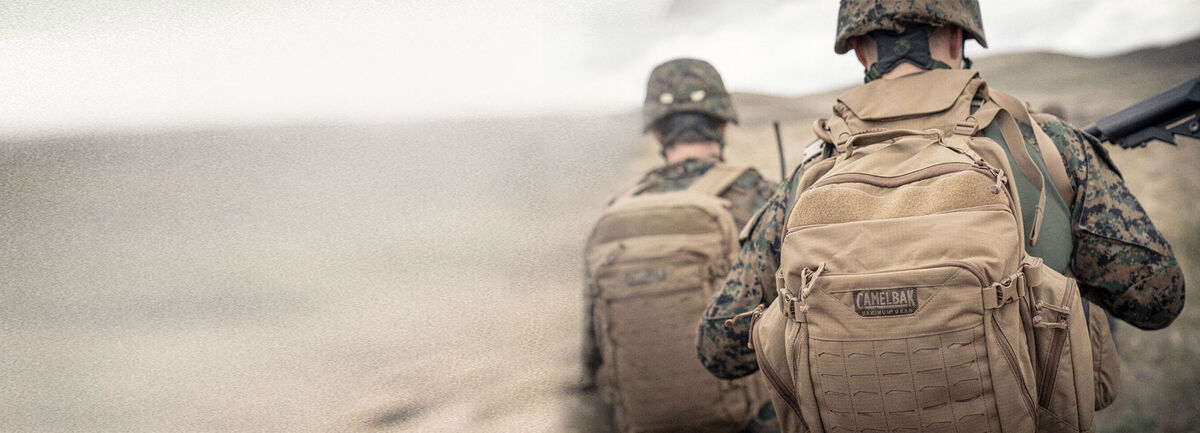 Two soldiers wearing coyote tan packs while walking away with a desert background.