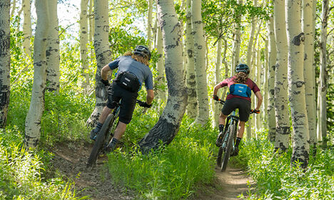 Two riders going through a forest on bikes with M.U.L.E.® 5 Waist Packs on.