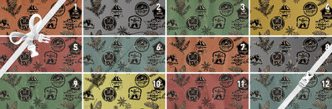 A holiday-themed advent calendar with twelve squares as gifts in outdoor-themed wrapping paper.