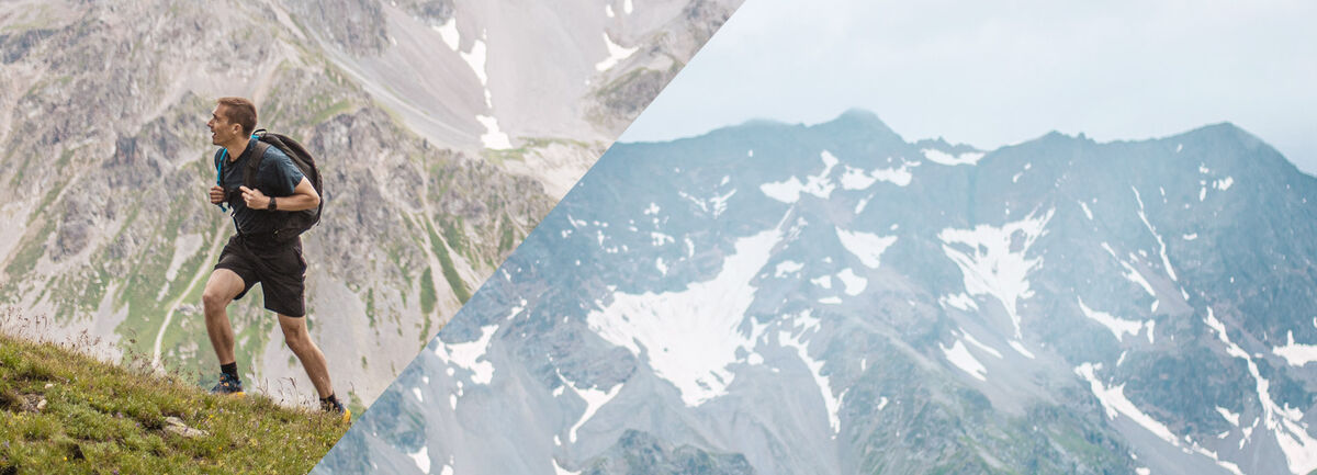 Man hiking in the snowy mountains.