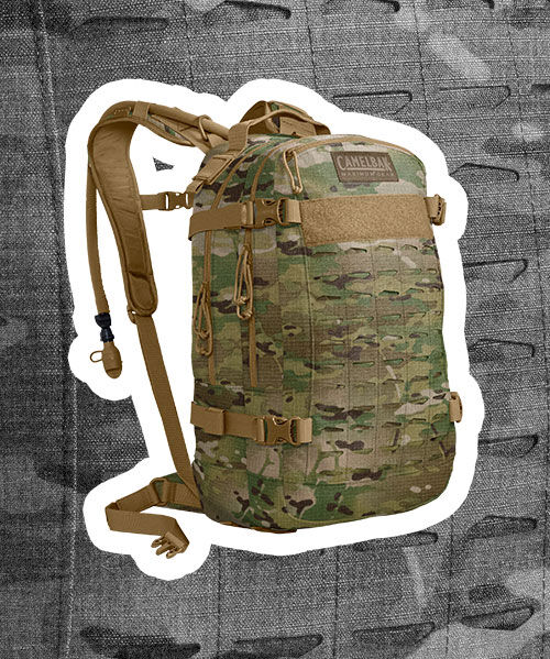 Military pack over a gray background