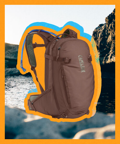Camelbak pack with orange style around floating with a lake on the background