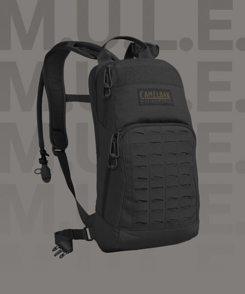 Close up of Tactical pack with beige text "H.A.W.G" behind
