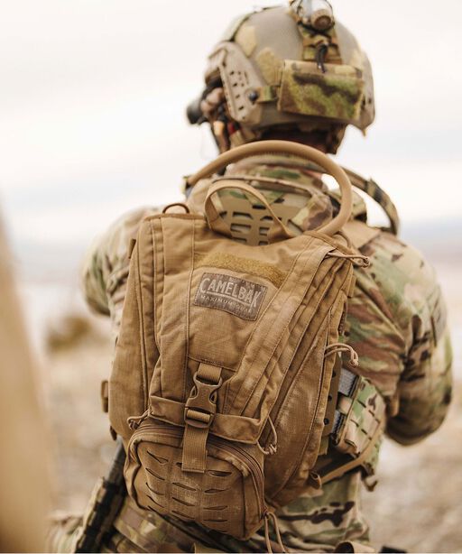 Back of person in Military with pack on