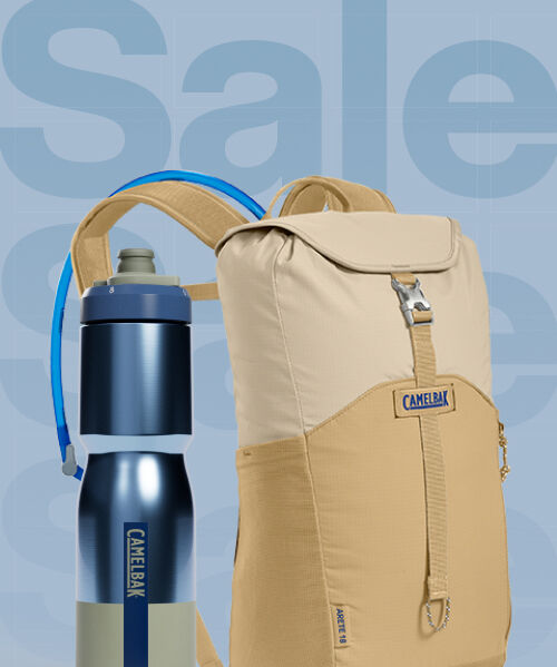 Camelbak pack with blue 'Sale" text behind