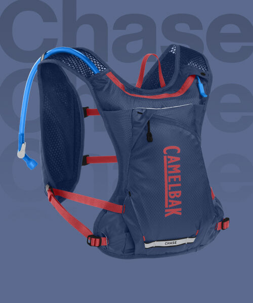 Close up shot of Hiking pack with blue text of "Chase"