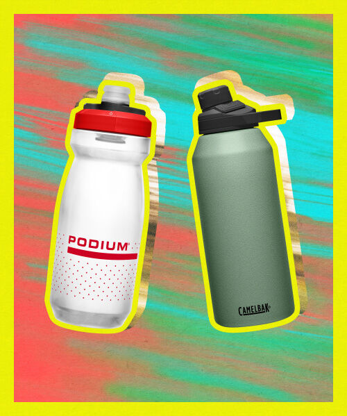 Image of two bottles with a red and green stripe background