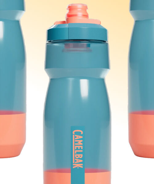 multiple blue and pink cycling bottles on yellow gradient